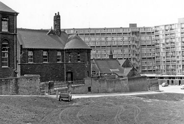 Park Junior and Infant School, Duke Street formerly Park County School with Norwich Row; Long Henry Row; Hague Row and Gilbert Row, Park Hill Flats in the background
