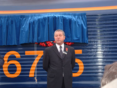 Mr W. Simpson, chairman of GB Railfreight speaking at the dedication of 66715 Valour as a war memorial