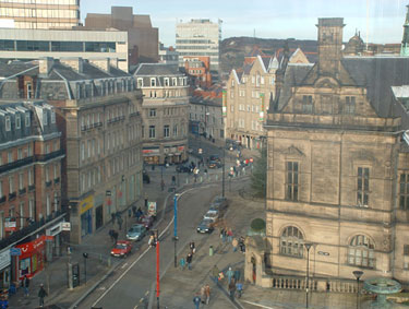 Elevated view of Pinstone Street from the Big Wheel in the Peace Gardens