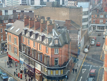 Elevated view of Pinstone Street and Cross Burgess Street from the Big Wheel in the Peace Gardens