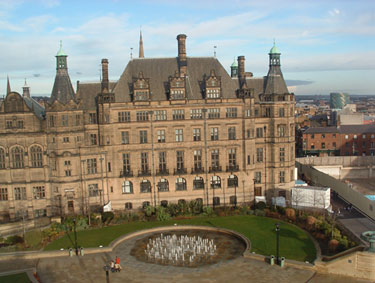 Elevated view of Town Hall and Peace Gardens from Big Wheel Pinstone Street