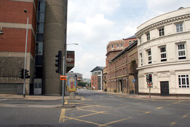 Bridge Street from Castlegate. Magistrates Court, left. Former Lady's Bridge Hotel and Tennant Brothers, Exchange Brewery, right