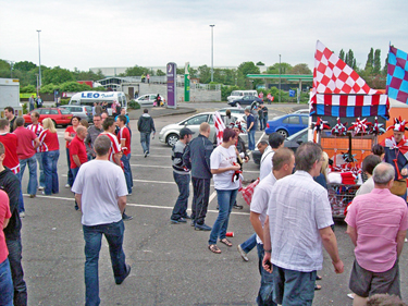 Sheffield United fans at Watford Gap Service Station on their way to the Championship play-offs at Wembley Stadium