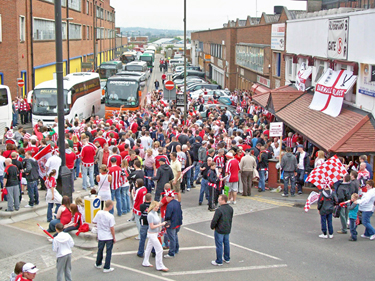 Sheffield United fans gathering at a pub just outside Wembley Stadium before the Championship play-off final against Burnley