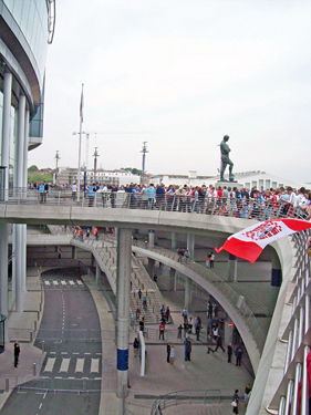 Statue of Bobby Moore outside Wembley Stadium, and a Sheffield United flat flying outside the stadium before the Championship play-off final against Burnley
