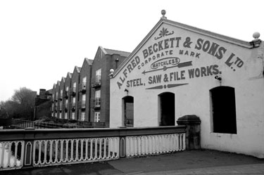Brooklyn Court and former premises of Alfred Beckett and Sons Ltd., Brooklyn Works, steel, saw and file works, from Ball Street Bridge