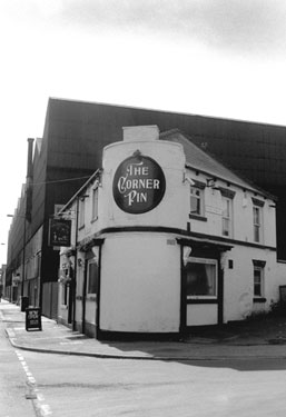 The Corner Pin public house, No. 235 Carlisle Street East at the junction with Lyons Street, with the former premises of Firth Brown Tools Ltd behind