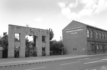 The gateway of Thomas Firth and Sons Ltd., Seimens Melting Shop of Norfolk Works later Firth Browns Gate No. 30 (relocated to this site in 1993) and Presidents Buildings, Office Park, Savile Street East