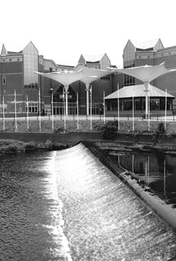 Warner Village Cinema and The Oasis Entrance, Meadowhall Shopping Centre looking across Hadfields Weir, River Don from Meadowhall Road