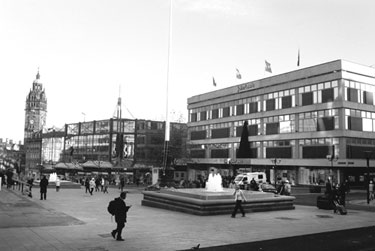 Kingdom Nightclub (formerly Odeon Cinema), Barkers Pool looking towards the Town Hall showing fountains and War Memorial, John Lewis Sheffield, department store formerly Cole Brothers