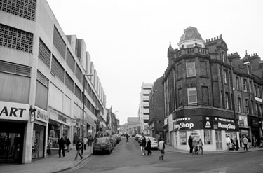 Cambridge Street  from Pinstone Street showing  No. 102, One Stop The Money Shop part of the Pepper Pot  Building due for demolition