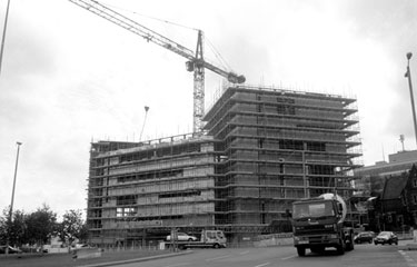 Construction of Information Commons Building, University of Sheffield from Brook Hill roundabout
