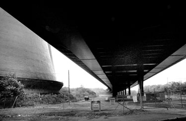 View from under Tinsley Viaduct with the base of one of the Cooling Towers to the left