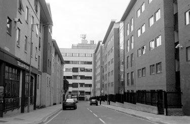 Eldon Street looking towards the Telephone Exchange, Milton Street with No. 49 Devonshire Cat public house (left) and Opal One, student accommodation (right), Wellington Street