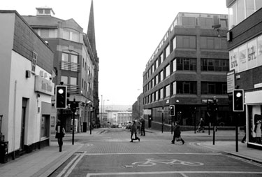 Carver Street at the junction with Division Street, No. 30, San Remo, Italian Restaurant; Yates Wine Lodge left and Connexions, Star House right