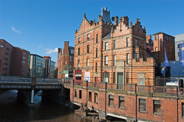 View North along River Don towards Lady's Bridge, showing Castle House, Royal Exchange Flats and Royal Victoria Buildings