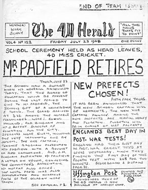 Mr. Padfield Retires' headline in 'The 4D Herald', Friday 23rd July 1948, drawn by Neville Ballin, Firth Park Grammar School