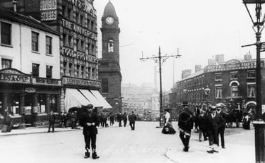 Haymarket looking down Waingate. Royal Hotel, right, Nos. 23 and 25 Wiley and Co. Ltd, wine and spirit merchants, Old No. 12 Arthur Davy and Sons Ltd., provision merchants, Court House (Old Town Hall), left