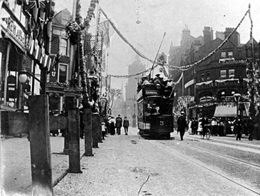 Tram No. 3, Electric double-decker, Pinstone Street (decorated for royal visit of King Edward VII)