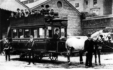 Double deck horse drawn tram No. 1 at Nether Edge depot yard
