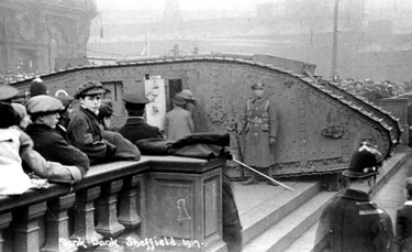 Fitzalan Square, World War I. Selling bonds for National War Savings Committee from Mark IV male tank Nelson, training number 130