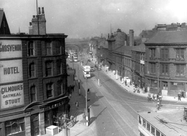 Wicker from junction with Nursery Street looking towards the Wicker Arches, No 14, Corner Pin Hotel (right), Grosvenor Temperance Hotel (left, also known as The Lion Hotel)