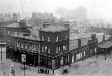 Elevated view of Fitzalan Market, Market Place. High Street, right