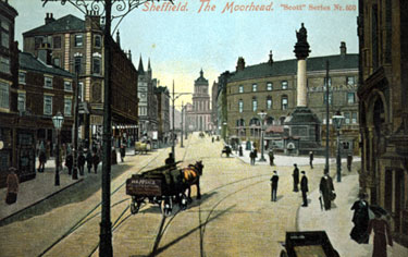 Moorhead looking towards Pinstone Street including Nelson Hotel and Crimean Monument, right, Roberts Brothers Ltd., general drapers, left