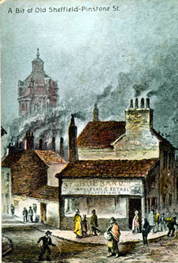 Old Pinstone Street at junction with Norfolk Street, showing No. 37 Robert Hubbard, wholesale and retail confectioner, Three Horse Shoes public house, No. 92 Norfolk Street, right (with four chimneys). St. Paul's Church in background