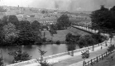 Rivelin Valley Road from Walkley Bank. Dam in foreground belongs to Walkley Bank Tilt, later Havelock Steel and Wire Mills. Hillsborough area in background