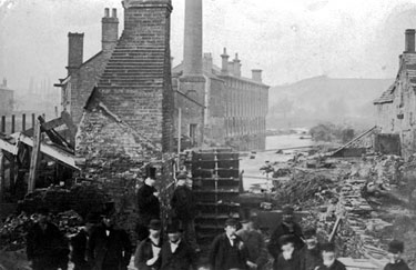 Sheffield Flood, damage at Wm. Makin and Sons, steel converters, refiners and rollers, Clifton Steel Works, Sandbed Wheel (in background), from the Goit fed by River Don