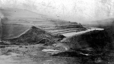 Sheffield Flood. Elevated view of the Dale Dyke Reservoir breach