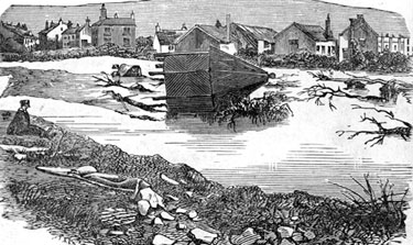 Sheffield Flood. Remains of a summer house from the garden of George Hawksley (owner of Upper Wheel, Owlerton), which was carried away and deposited in the middle of a dam