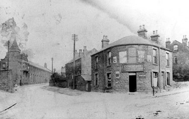 Wadsley Bridge at junction of Fox Hill Road and Halifax Road. Off-Licence, on corner. Machen Miller and Machen, Wadsley Bridge Steel Works, in background