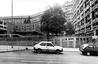 Council Housing, Park Hill Flats and Shops in The Pavement, looking from Duke Street