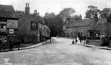 Church Lane from High Street, Dore Village, including No. 7 Church Lane, Hare and Hounds public house, left and Post Office, right