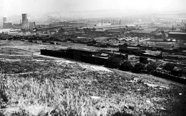 Industrial Lower Don Valley viewed from Wincobank Hill overlooking Tyler Street Munition Huts across to Hadfields East Hecla Works and the Water Cooling Tower of the Electric Power Station