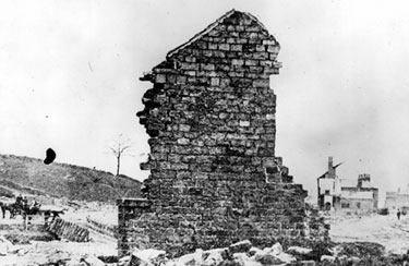 Sheffield Flood, remains of stable wall at Trickett's Farm belonging to James Trickett, at the junction of Rivers Rivelin and Loxley, household of eleven people washed away and drowned