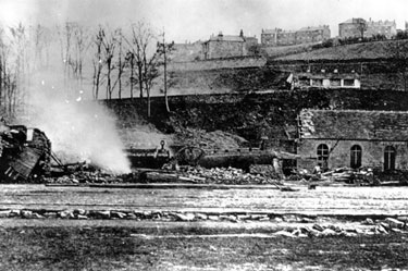 Sheffield Flood, Burning refuse at remains at H. Johnson and S.J. Barker's, Limbrick Wheels, Rollers and Makers of Crinoline Wires, River Loxley