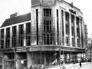 Montague Burton, tailors, Angel Street, showing air raid damage, King Street, left