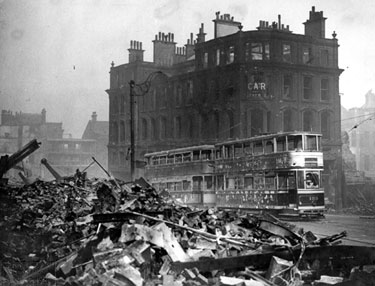 Angel Street with burned out trams, after air raid