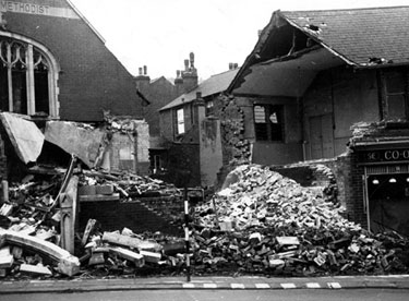 Scarsdale Methodist Church and Sheffield and Ecclesall Co-op Society, Chesterfield Road (bottom of Scarsdale Road), air raid damage