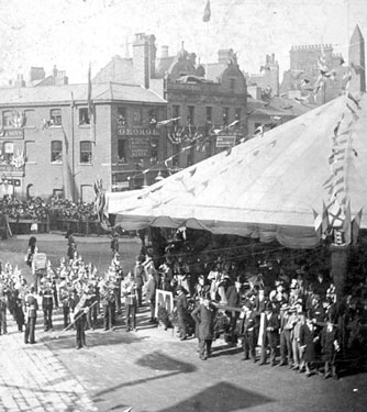 Queen Victoria's visit, Town Hall Square, military band. No. 70 Charles A. George, chemist, in background
