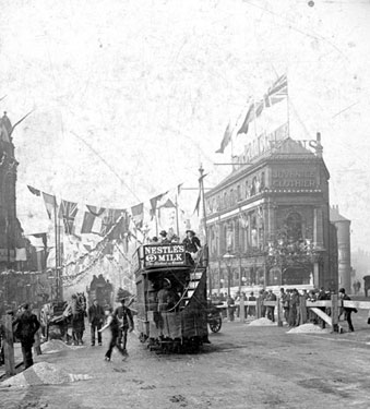 Royal visit of Queen Victoria showing decorations at Moorhead looking towards South Street Moor, Binns George Ltd., Nos. 2-12, tailors and outfitters, South Street Moor