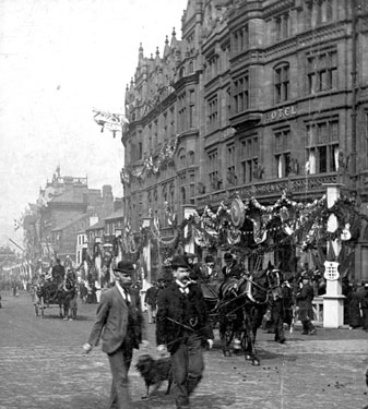 Queen Victoria's visit, decorations in Fargate, Albany Hotel, Yorkshire Penny Bank and Carmel House, right