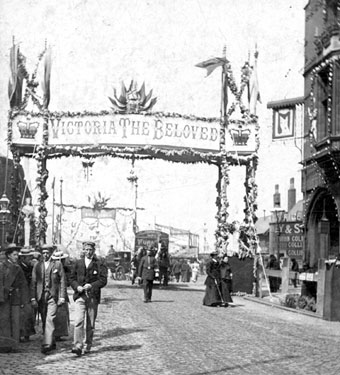 Decorations for visit of Queen Victoria, Sheaf Street at Corn Exchange