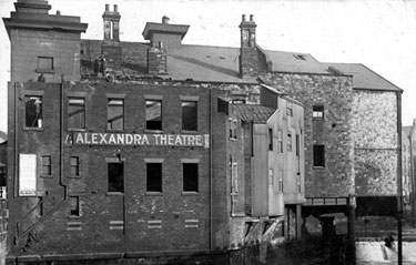 Demolition of Alexandra Theatre, Blonk Street, showing the combined flow of rivers Don and Sheaf flowing underneath. Built 1837, by Mr Egan. Originally known as The Adelphi Circus Theatre. Demolished 1914