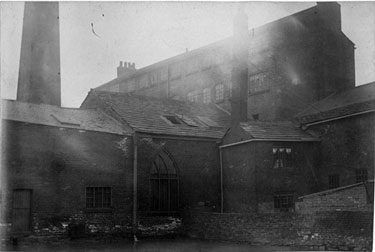 Rear of Marsh Brothers, steel manufacturers, Pond Works, (fronting Shude Lane) from Ponds Dam, foreground (fed by River Sheaf). Rear of Golden Ball public house, right, c. 1890