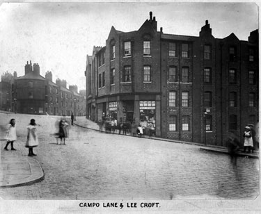 Junction of Campo Lane, Hawley Croft (right) and Townhead Street (in background). No 8, Campo Lane, Mrs Mary Watmough, Shopkeeper