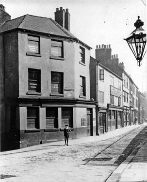Campo Lane, junction with Paradise Street, Paradise Inn on corner (later became Campo Chambers), left, Ball Inn in background